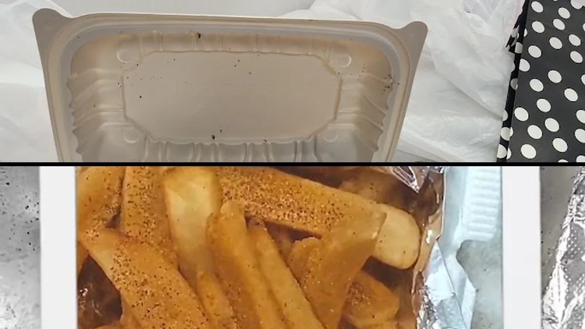 A casual fish-and-chips meal on a tray.